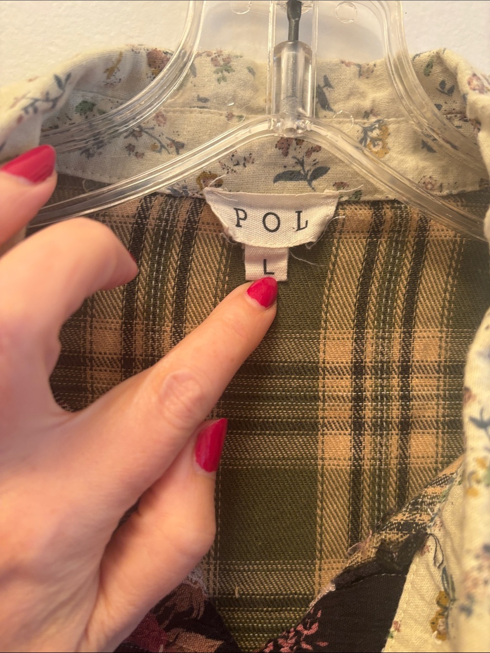 POL | Patchwork Plaid & Floral Jean Jacket in Olive, Burgundy, Cream Sz L - Picture 4 of 10